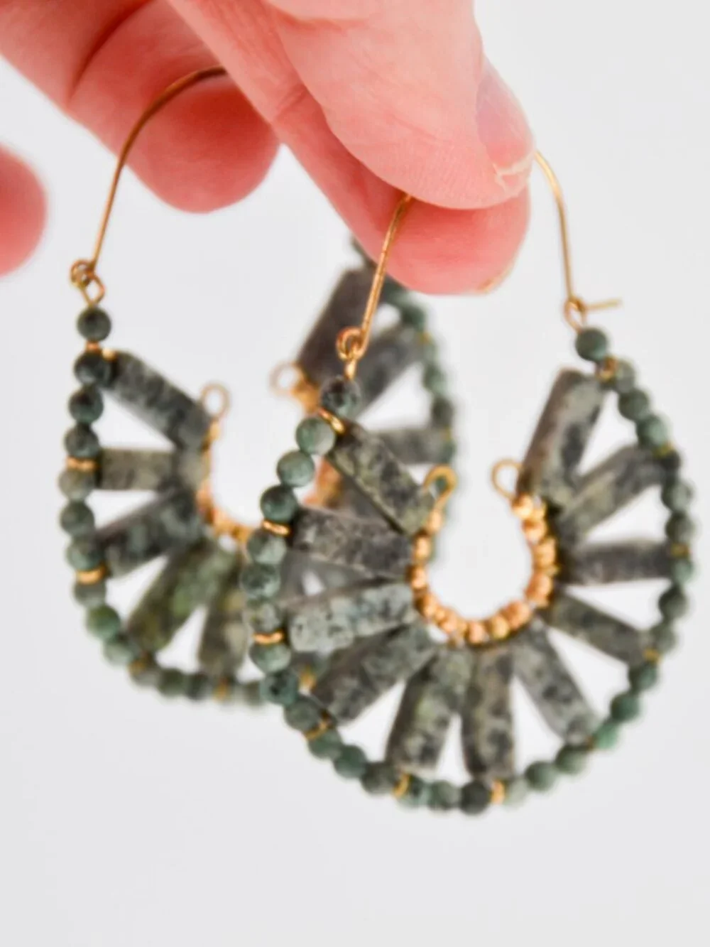 Anthropologie Green Stone Hoop Earrings Gold Toned